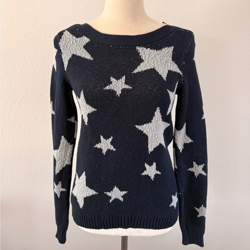 Marled Americana Star Pattern Crew Neck Sweater - Navy and White
